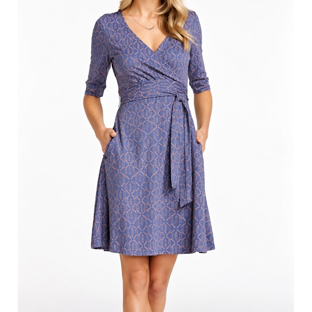 Toad&Co Mini Dress Cafe Short Sleeve Belted Geometric Print blue Small